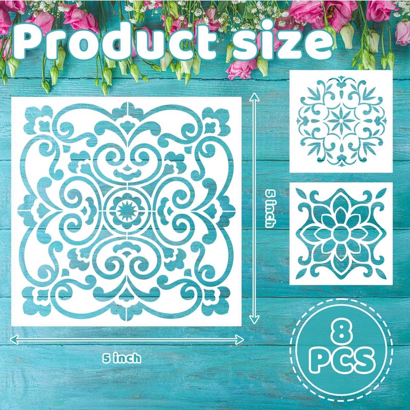 Resflyar 8 PCS Reusable Stencils, Mandala Templates for Painting on Fabric Furniture Wood Floor Wall Tile DIY Art Scrapbook Home Decoration, 5 x 5 Inch - Image 2